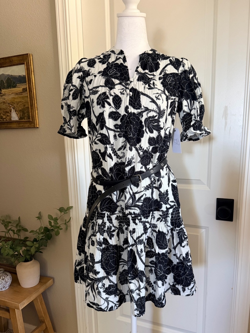 Floral Black Beige Low Waist Cotton Gauze Feel Summer Dress Size XS 0 2 TM - Picture 3 of 12